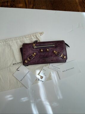 Balenciaga Distressed Plum Leather Continental Wallet with Gold Hardware